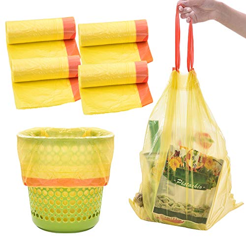 ZJW Sacs à ordures avec Cordon de Serrage, 4 Sacs à ordures, doublures de Sac à Poubelle avec poignées de Bureau, Cuisine, Salon, Chambre à Coucher, Salle de Bain (Jaune)