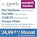 Produktbild simply LTE 10000 [SIM, Micro-SIM und Nano-SIM] monatlich kündbar (15 GB LTE mit max. 225 MBit/s inkl. abwählbarer Datenautomatik, Telefonie-Flat, SMS-Flat. Europa-Paket: Telefonie- & SMS-Flat nach Deutschland und im Reiseland (inkl. Schweiz) und 1 GB Internet, 24,99 Euro/Monat)