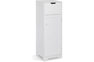 MONDEER Meerveil Wąska szafka łazienkowa z 1 szufladą, 1 drzwiczkami, 2 półki, 32 x 30 x 87 cm, biała, płyta MDF, drewno, lakierowana, meble łazienkowe do łazienki, kuchni, salonu, wejścia