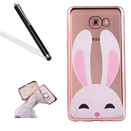 Galaxy J5 Prime Case Cover with Free Black Stylus Pen,Leeook Luxury Elegant Beautiful Cute Funny Pink Bunny Rabbit Electroplate Plating Frame Crystal Soft Gel Silicone TPU Case Cover Bumper for Samsung Galaxy J5 Prime