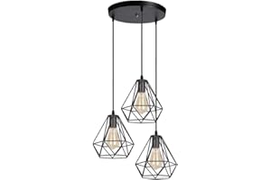 iDEGU 3 Lampes Lustre Suspension Luminaire Industrielle Plafonnier Rétro en Métal Suspension Abat-Jour Design Cage E27 Lampe de Plafond pour Salon Salle à Manger Cuisine - Ø20cm, Noir