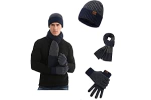 JYCY 3 Piece Men's Beanie Hat Scarf and Touch Screen Gloves Set Winter Thermal Elastic Thicken Warm Fleece Inner Lining Knit Beanie Cap Winter men's Accessories gifts for men