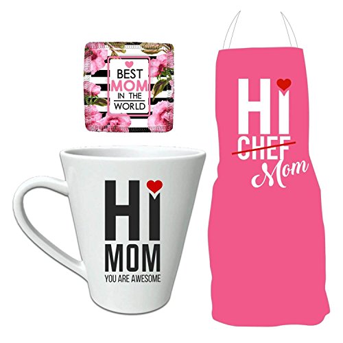 TheYaYaCafe Hi Awesome Mom Combo for Mother Set of 3 - Apron Mug Coaster