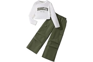 SoLu DAY8 Tracksuit Set Kids Girls Long Sleeve Pullover Sweatshirt and Cargo Pants Outfits Sets for Girls Fashion Winter Spring Comfy School Casual Athletic Sport Streetwear Age 7-12 Years