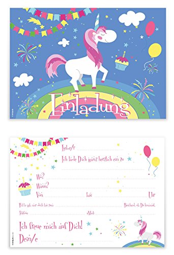 12 Einladungskarten „Einhorn auf Regenbogen“ Kindergeburtstag Luftballons Girlanden Sterne / Geburtstagseinladungen Einladungen Geburtstag Kinder Jungen Mädchen Einladungstext Vorlagen Karten Set - 7
