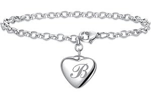 LSxAB Women Girls A to Z Heart Initial Letter Charm Bracelets 26 Letters Alphabet Stainless Steel Chain Wristband Bracelet Men's Birthday Gifts 7" Adjustable
