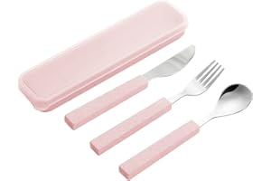 VANRA Set di 3 utensili per bambini in acciaio inossidabile 18/10 Set di posate per bambini Set di argenteria Coltello Cucchiaio Forchetta con custodia da viaggio per bambini Lunch Box(Rosa)
