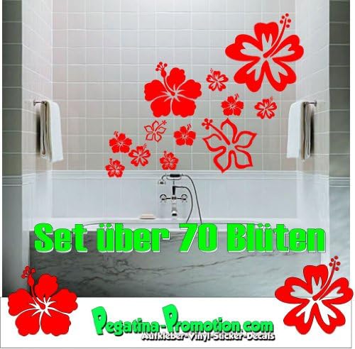 Pegatina Set of 70 Stickers / Red / for Bathroom / Kitchen Tiles / Cars with Hibiscus Flower Design 15 - 4 cm Set of 70 stickers in red for bathroom / kitchen tiles or cars with hibiscus flower design; 15 - 4 cm