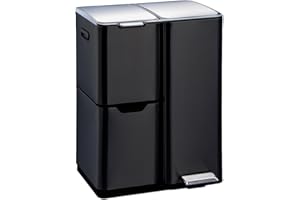 KITCHEN MOVE Poubelle de cuisine à pédale tri sélectif recyclage 60L(13+17+30L) HAJA en acier Inox Noir avec seau