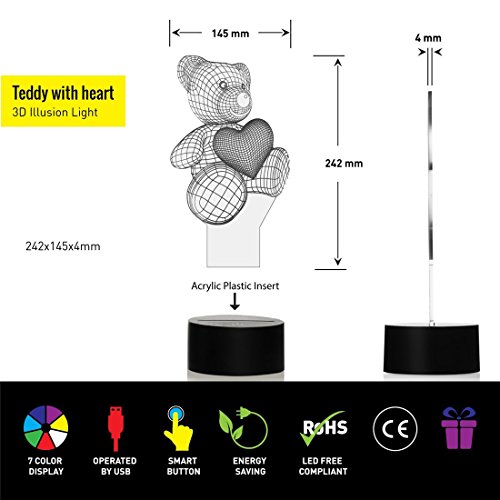 Liebe Herz Bär 3D Optische Illusions-Lampen, FZAI Tolle 7 Farbwechsel Acryl berühren Tabelle Schreibtisch-Nachtlicht mit 150 cm USB-Kabel für Kinder Schlafzimmer Weihnachten Geburtstagsgeschenke - 3