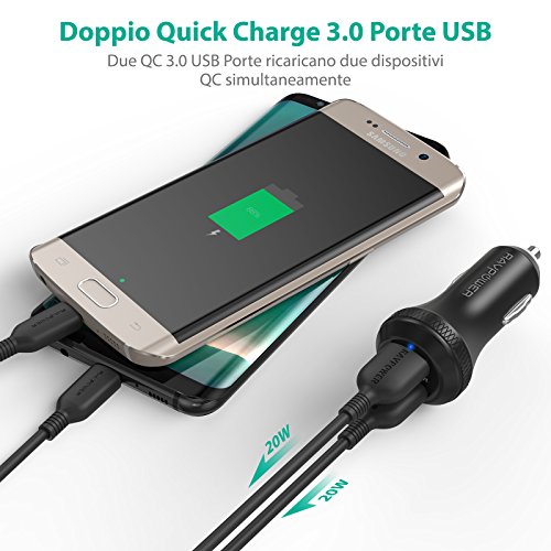 RAVPower Caricabatterie Auto Quick Charge 3.0 36W con 2 Porte - Include un Cavo Micro USB