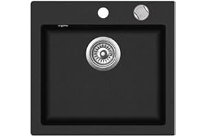VBCHOME Lavello singolo da incasso in granito, 46 x 49 cm, per cucina, colore selezionabile tra beige o nero, rettangolare, con tappo a saltarello e sifone, Nero