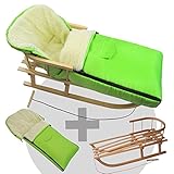 a) Holzschlitten inklusive Rückenlehne und Zugseil + b) Winterfußsack aus Lammwolle