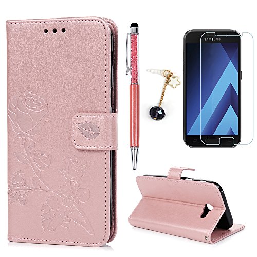 Lanveni A3 2017 Hülle, Handyhülle für Flip Case Cover PU Lederhülle Schutzhülle Magnetverschluss Ledertasche mit Stander Function Brieftasche Card Slot Handy Tasche mit Prägung Rose Cover Design für Samsung Galaxy A3 2017 (Rose Gold) + 1 x Stylus Stift + 1 x Staubdichte Stecker + 1 x Schutzfolie