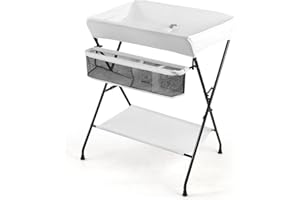 GOPLUS Table à Langer Pliable avec Sac de Rangement et Couche Inférieure, Organiseur de Couche en Toile, Soin pour Nouveaux-Nés, Hauteur 101,5CM sans Baisser, Charge Max 10KG (Blanc(Modèle B))