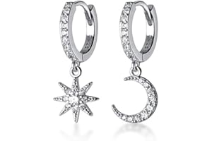SLUYNZ 925 Argento Sterling Scintillante CZ Star Moon Hoop Orecchini per Donne Teen Girls Asimmetrico Star Moon Drop Orecchini (A-Silver)