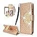Produktbild Misstars Glitzer Klapphülle für Samsung Galaxy J7 2018, Luxus Bling PU Leder mit Innere Spiegel Design Wallet Flip Cover Kartenfach Magnetverschluss und Standfunktion Schutzhülle, Gold