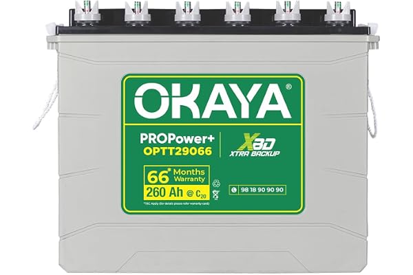OKAYA PRO Power+ OPTT29066 260Ah Tall Tubular Inverter Battery for Home, Office & Shops with Certified Extra Backup Spillage Free & Low Maintenance Design 66 Months Warranty