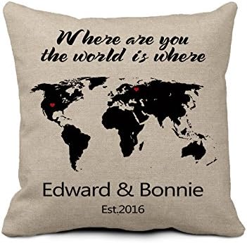 Burlap Pillow Case Decorative Long Distance Relationship Pillow Cover Personalised Map Throw Pillow Case Cotton Line Pillowcase Standard Size with Invisible Zipper 18x18" Home Decor