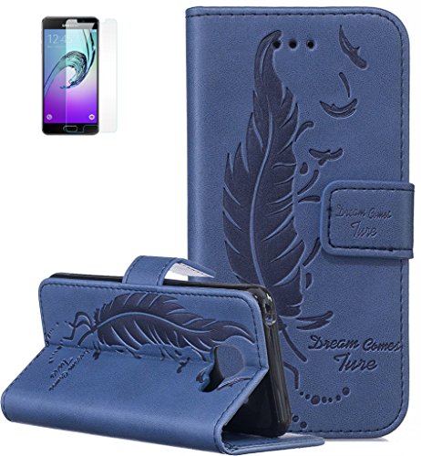 Preisvergleich Produktbild ISENPENK Samsung Galaxy A3(2016) / G310F / A3(2016)Duos Flip Case,Original Flip Bookstyle Cover Wasserdicht Shockproof Anti Slip Protection Leather Case,Feder Print Muster Pattern Wallet Case mit Intern Karte Schlitz,Anti-Sturz Stoßfest Stoßdämpfend Triangle Hemming Wallet Tasche,Magnetic Closure Schutzhülle mit Standfunktion und Handy Gürtel für Samsung Galaxy A3(2016) / G310F / A3(2016)Duos 4.7Zoll-[blau]+Panzerglas Folie / Displayfoile / Displayschutzfolie