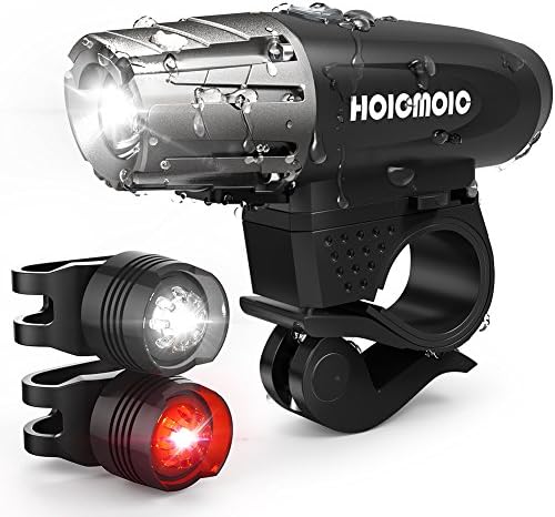 USB Rechargeable Bike Lights, Hoicmoic Bright Waterproof LED Bicycle Front and Rear Lights for Kids Men Women Safe Cycling, 1 Headlight, 1 Red Taillight and 1 White Bicycle Light for Versatile Usages