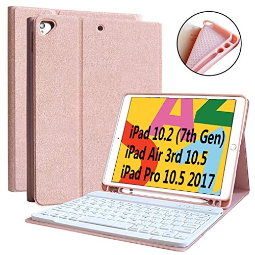 Teclado iPad 10.2 2019 Funda, Funda con Teclado Español para iPad 10.2 2019/iPad Air 3 10.5 2019/iPad pro 10.5 2017 con Ranura de Lápiz -Teclado Español Bluetooth Inalámbrico Desmontable (Champán)