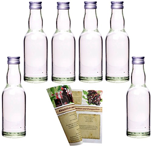 gouveo 24er Set leere 200 ml Kropfhals Glasflaschen incl. Schraubverschluss Silber und 28-seitige Flaschendiscount-Rezeptbroschüre Likörflaschen Schnapsflaschen Essigflaschen Ölflaschen