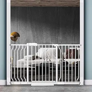 COSEND Extra Wide Baby Gate Tension Indoor Safety Gates White Metal Large Pressure Mounted Pet Gate Walk Through Long Safety Dog Gate for The House Doorways Stairs (52.76