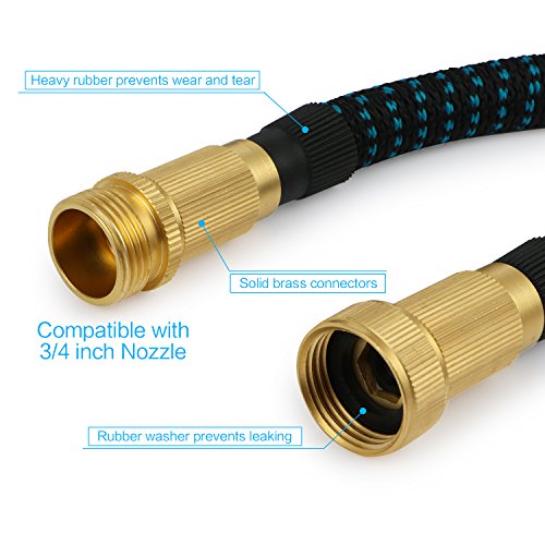Flexibler Gartenschlauch Set 15M inkl. Brause Düse mit 9 Funktionen, Leicht Wasserschlauch mit Verstärktem Gewebe für Bewässerung Gartenarbeit Autowäsche Reinigung Haustier, Messing Zubehör, 3-fach Dehnbar bis 15M - 2