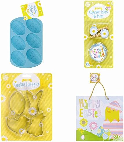 Easter Cooking & Baking Set - Includes Easter Silicone Egg Moulds | Easter Cookie Cutter set | Easter Cupcake Cases And Picks set | Easter Gift Bag - ( Blue Design )