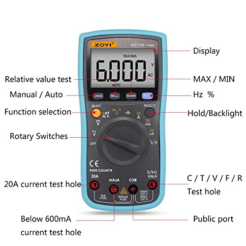 Balai VC17B Digital-Multimeter 6000 Counts TRMS AC / DC-Widerstand Kapazität Resistance Capacitance Temperatur Frequenz Einschaltdauer Tester Blau - 3