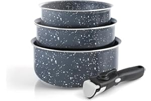 Qulinart by Brandt - Batterie de Cuisine à Induction 4 Pièces - Set de 3 Casseroles en Aluminium Anti-Adhésives 16, 18 et 20 cm avec Poignée Amovible - Lot pour Tout Feu - Gris Marbre