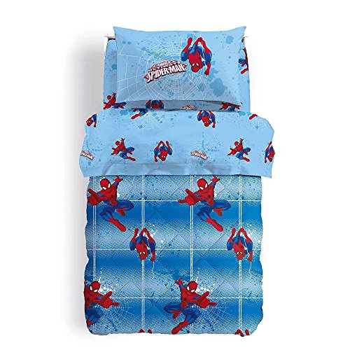 Completo sábanas una plaza Spider-Man Marvel caleffi-lenzuola superior Mis. 155 x 280 cm-sotto con esquinas Mis.90 x 200 cm-una almohada Mis.50 x 80 cm.