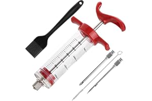 JASNI Meat Injector Syringe,Stainless Steel Food Seasoning Syringe Kit with 1pc Barbecue Brush, 2pcs Needles and 1pc Needles Cleaner, Great for BBQ, Grilling, Baking and Cooking