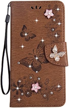 iPhone 6S Plus Case [Free Tempered Glass Screen Protector],Mo-Beauty Bling Sparkly Diamonds Gems Butterfly Design PU Leather Flip Wallet Case Cover for Apple iPhone 6 Plus/6S Plus (Brown)