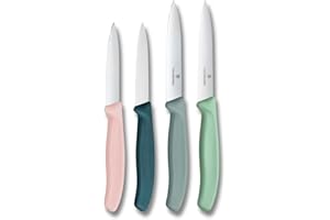 Victorinox Swiss Classic, set de cuchillos para tomates y verduras, 4 piezas, hoja afilada, 8 y 10 cm, borde dentado, acero inoxidable, colorido