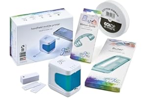 Colop e-Mark go Set. Bestehend aus dem mobilen Drucker e-Mark GO, Lineal, Führungsschiene für Bänderbedruckung, Band 15 mm, sowie PVC-Schilder zur Schilderbedruckung und Broschüre. weiß