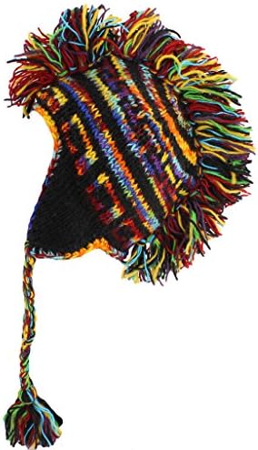 MOHAWK PUNK HAT WOOL KNIT FLEECE LINED EARFLAP BEANIE BLACK &amp; RAINBOW SPACE DYE