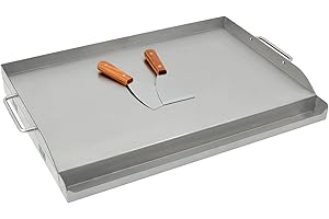 TAIMIKO Plaque de Gril Rectangulaire Plancha INOX Barbecue BBQ plancha Universelle avec 2 Poignées et 2 Spatules,Plaque de Cuisson Supérieure Plate à Gaz Charbon Extérieur Professionnel 58,3x40,3 cm