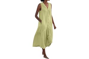 COALHO Spring Summer Sleeveless Cotton Linen Dress Summer Dresses for Women Sleeveless Pockets Vacation Maxi Dresses