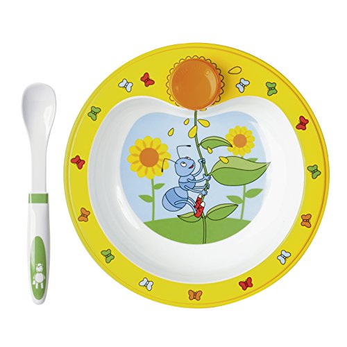spécification Emsa ANTON ANT Assiette chauffante pour bébé avec cuillère, décors ludique et coloré, 23 cm