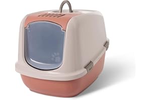 bac litiere pour Chat - Savic Nestor Jumbo - Champagne Rose/Terracotta - XXL - façade Rabattable - Dos Haut Anti-fuites - Filtre à Charbon - 66,5x48,5x46,5 cm