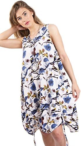 URBAN MIST Floral Bird Print Drawstring Oversized Dress One Size Blue