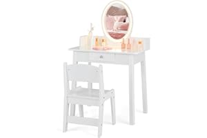 Maxmass Kids Vanity Table and Chair, Wooden Children Dressing Table with 2-Color LED Lights & Removable Mirror, Tree-Shaped Jewelry Organizer, Drawer, Princess Makeup Table for 3-8 Years Old (White)