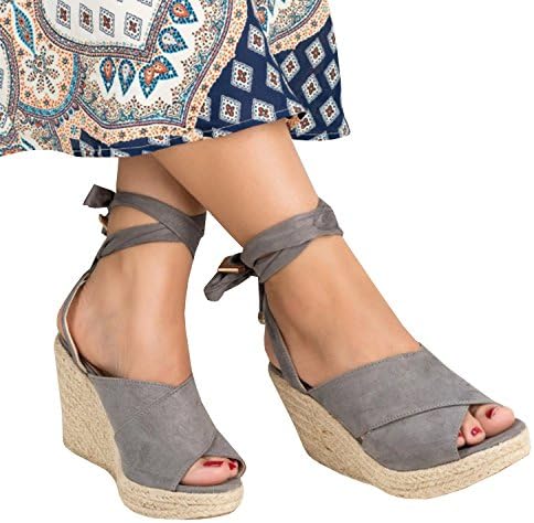 Outgobuy Women's Lace up Espadrille Wedge Platform Suede Peep Toe Strappy Mid Heel Summer Dress Sandals (37, Grey)