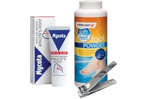 WILOSC Athletes Foot Treatment Antifungal Cream & Powder Foot Care Bundle, Includes Mycota Athletes Foot Cream 25G & Masterplast Athletes Foot Powder 75G Plus Nail Clippers