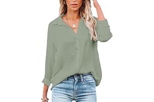 NONSAR - Blusa para mujer de manga larga y cuello de pico, con botones, elegante, informal, para el trabajo