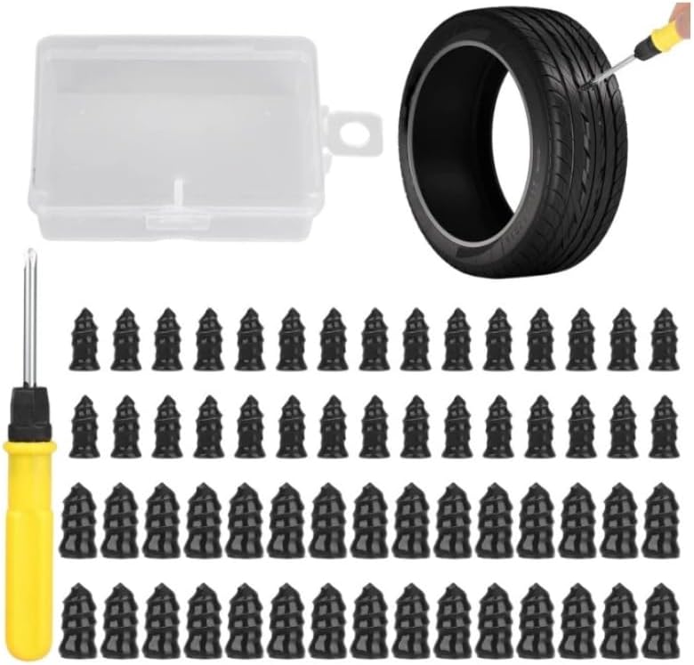 Kit de 60 piezas de clavos de reparación de neumáticos de goma, kits de reparación de neumáticos al vacío con tornillos de goma en espiral, herramienta de autoservicio rápido para reparación de
