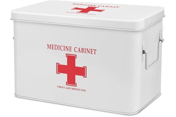 Flexzion Första hjälpen box organisatör – 33 cm vit vintage metall medicinsk kit med avdelare, avtagbar bricka och rött korslogotyp – tom förvaringsbehållare