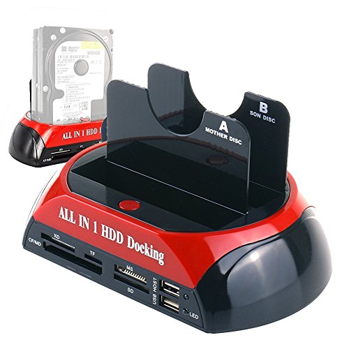 WANLONGXIN WLX-876C-DE USB 2.0 zu SATA Dual-Bay Externe Festplatte Docking-Station mit und Kartenleser USB 2.0 Hub Unterstützung Offline-Klonfunktion, Für 2.5 3.5 Zoll HDD SSD SATA I / II / III Bis zu 2 x 8TB